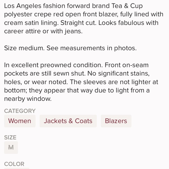 ❤️Tea & Cup gorgeous Red blazer w/ satin lining - Picture 5 of 5